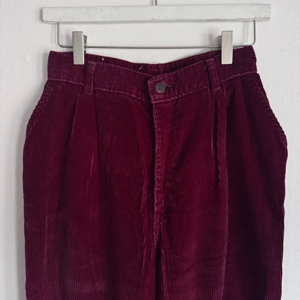 Vintage High Waisted Pleated Corduroy Pants (Burgundy) - Picture 3 of 5